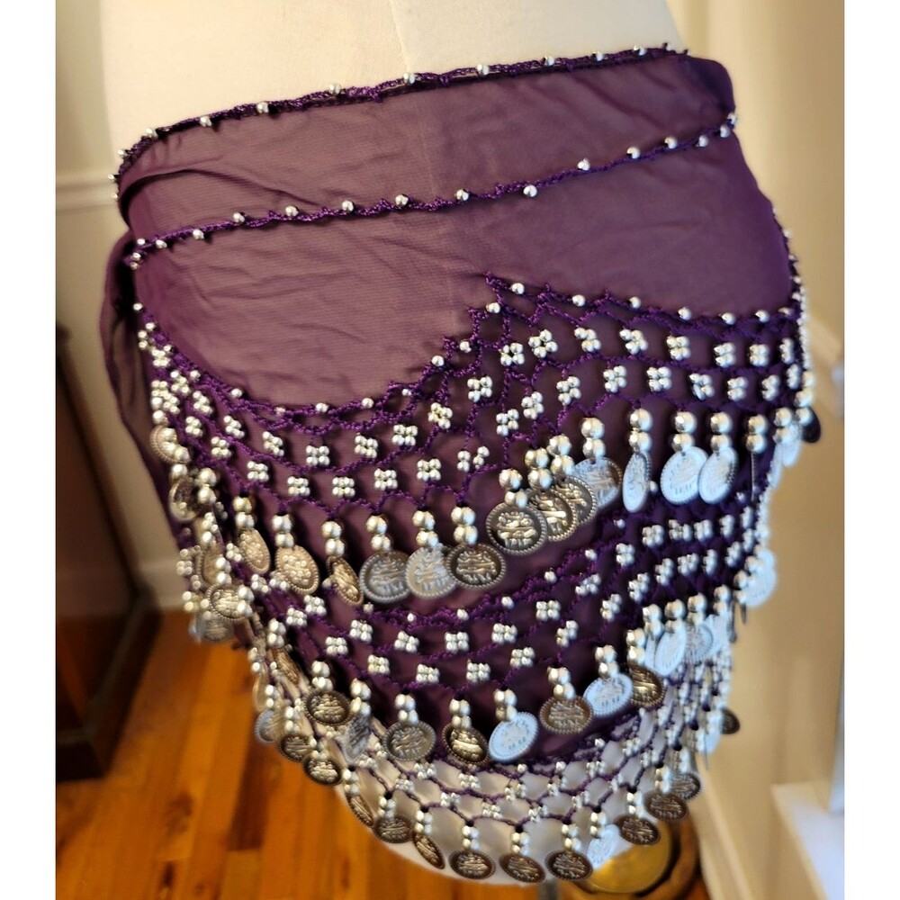 Purple Belly Dance Coin Scarf Hip Wrap Sheer Silver Tone Beaded Made China
